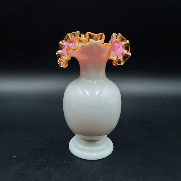 Milk Glass Vase Ruffled Top Pink Cased Gold Crest 7 Inch Stevens & Williams? - Picture 3 of 8